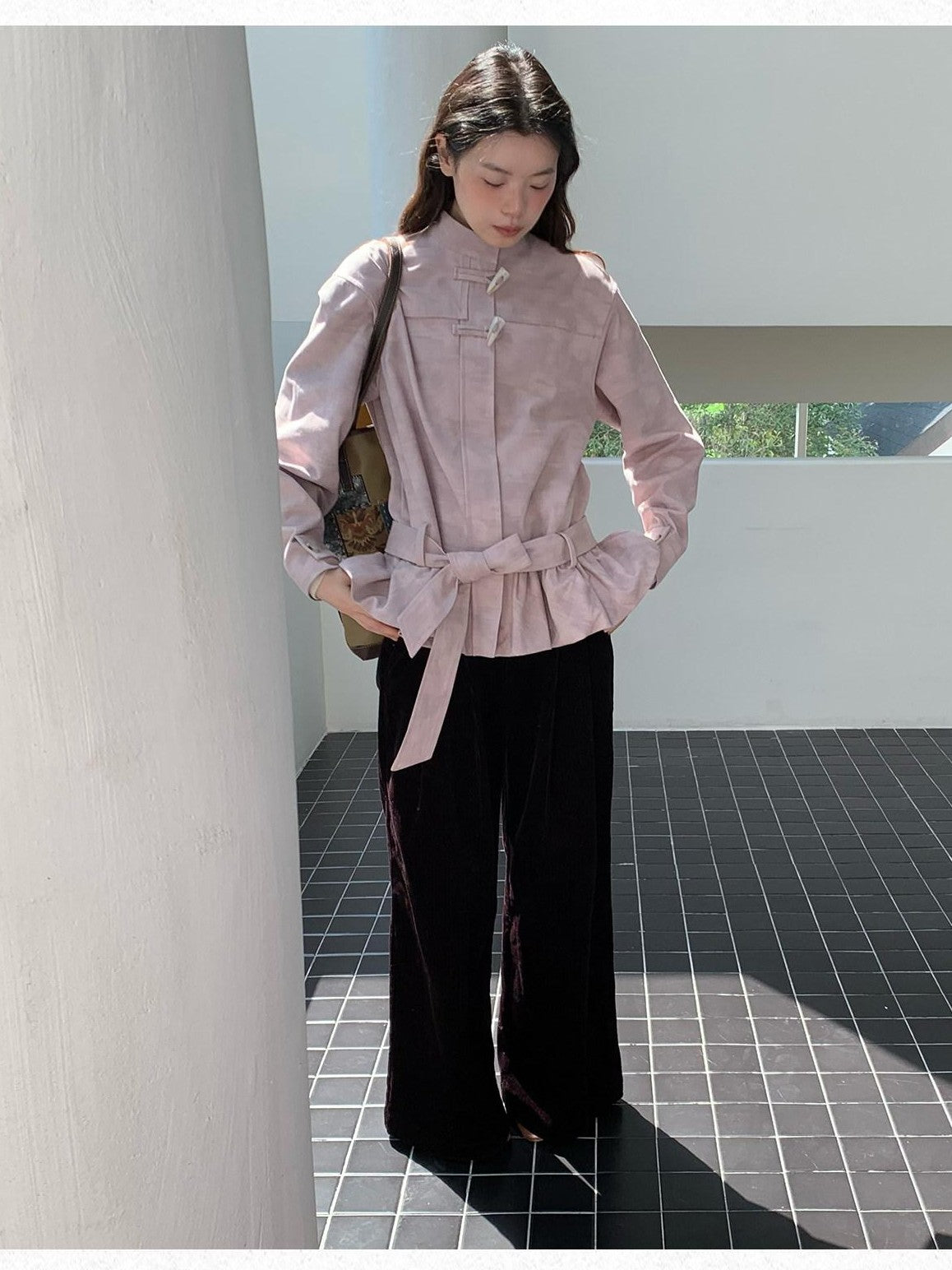 Dorydory Toggle Button Stand Collar Bubble Hem Tie Waist Short Women&