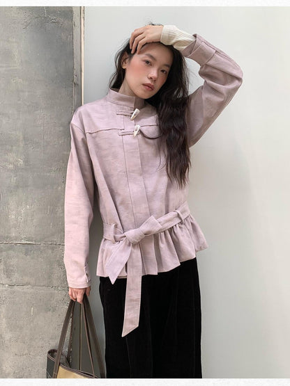 Dorydory Toggle Button Stand Collar Bubble Hem Tie Waist Short Women&