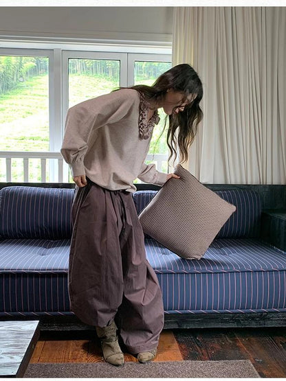 V-Neck Floral Embroidered Ruffle Blouse With Contrast Trim