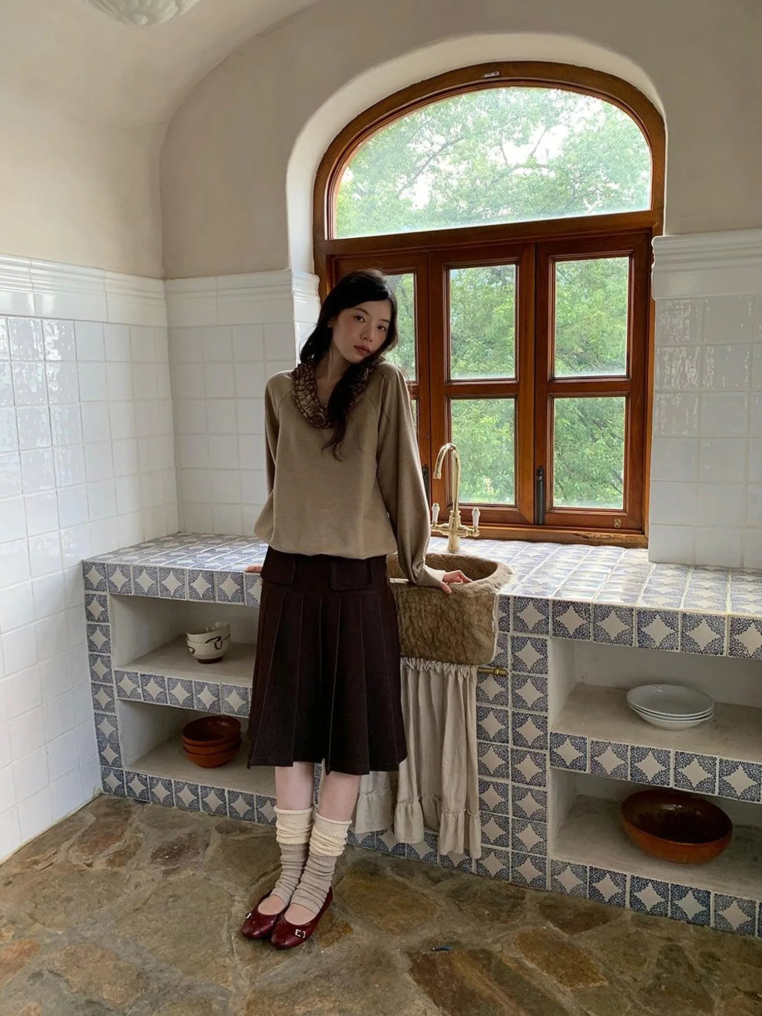 V-Neck Floral Embroidered Ruffle Blouse With Contrast Trim