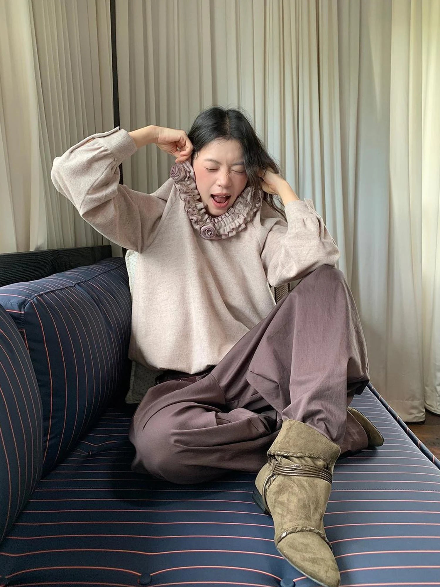 V-Neck Floral Embroidered Ruffle Blouse With Contrast Trim