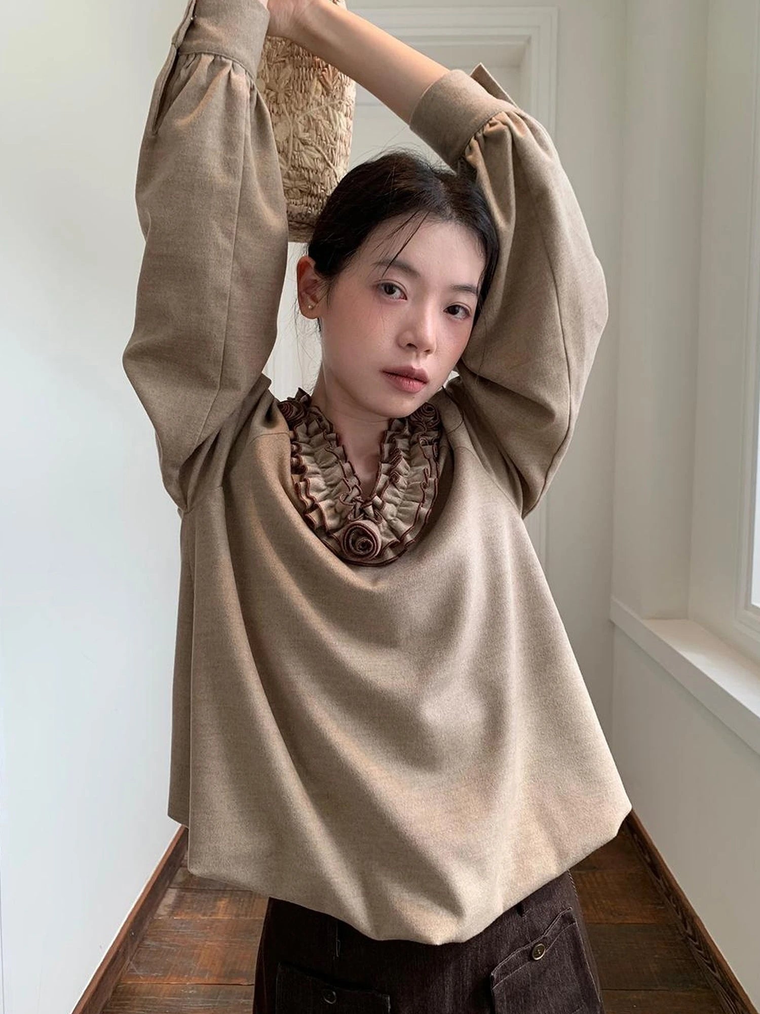 V-Neck Floral Embroidered Ruffle Blouse With Contrast Trim