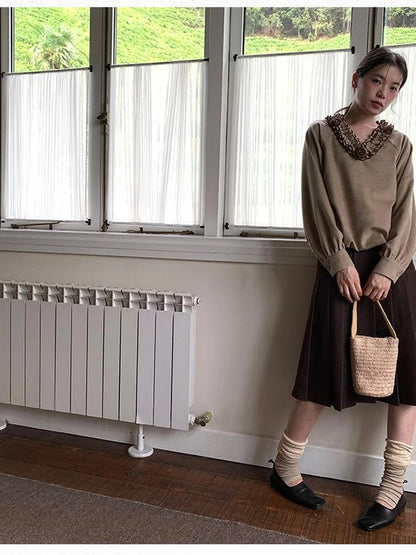 V-Neck Floral Embroidered Ruffle Blouse With Contrast Trim