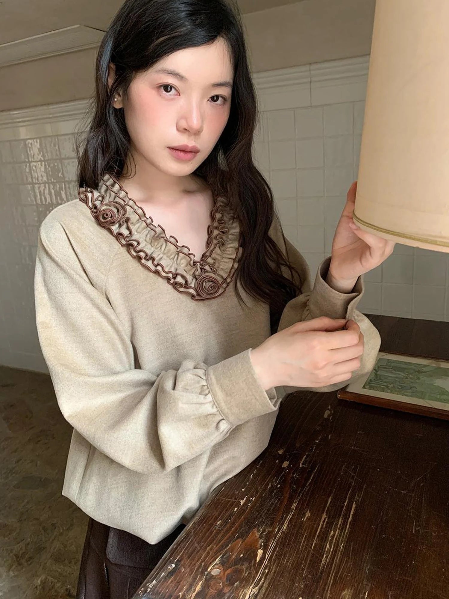 V-Neck Floral Embroidered Ruffle Blouse With Contrast Trim