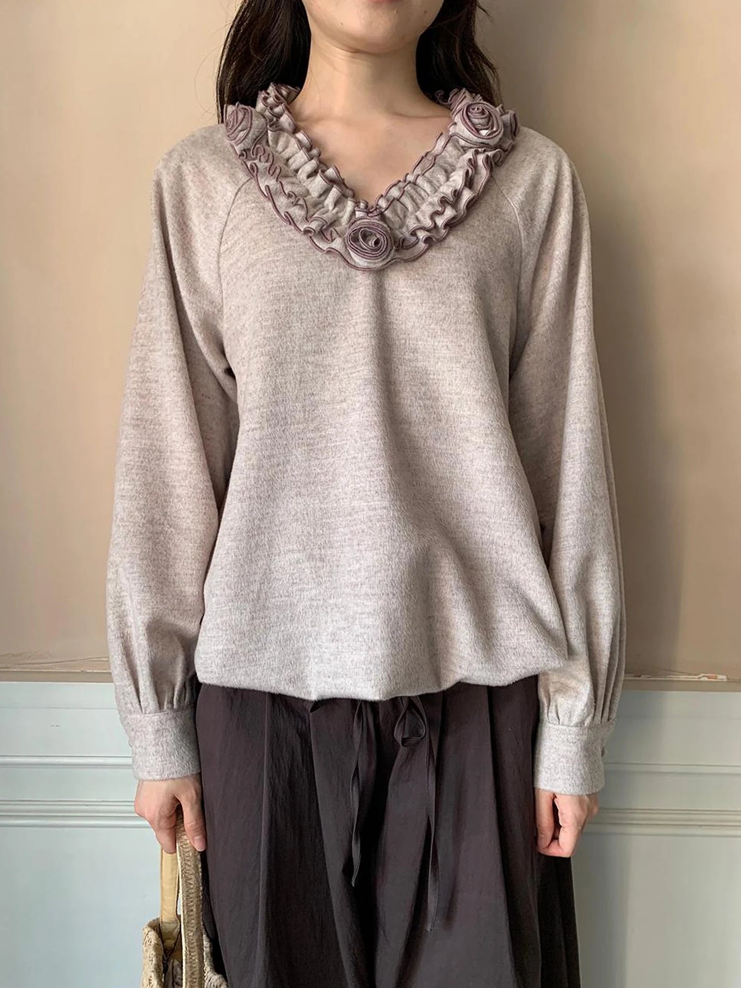 V-Neck Floral Embroidered Ruffle Blouse With Contrast Trim