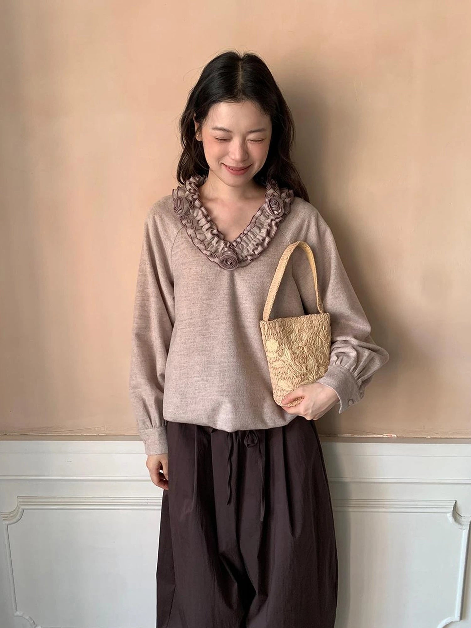 V-Neck Floral Embroidered Ruffle Blouse With Contrast Trim