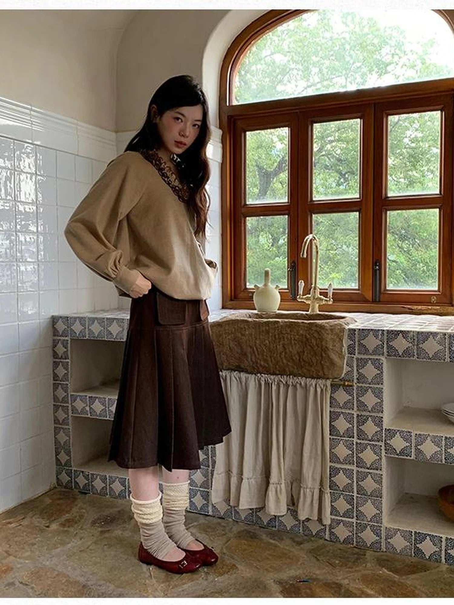 V-Neck Floral Embroidered Ruffle Blouse With Contrast Trim