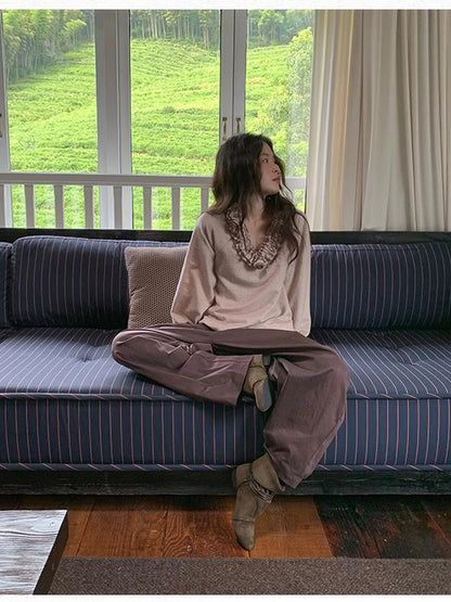 V-Neck Floral Embroidered Ruffle Blouse With Contrast Trim