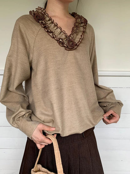 V-Neck Floral Embroidered Ruffle Blouse With Contrast Trim