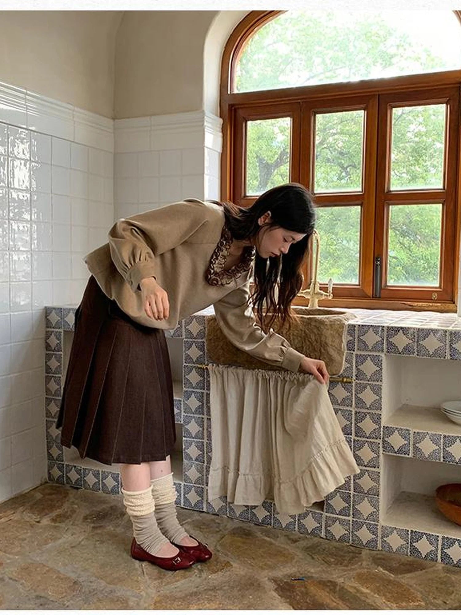 V-Neck Floral Embroidered Ruffle Blouse With Contrast Trim