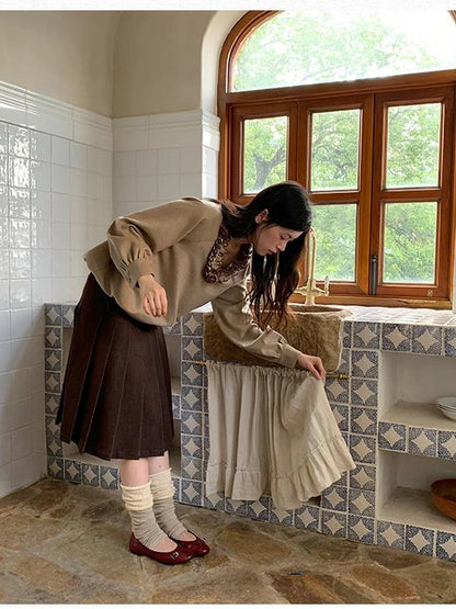 V-Neck Floral Embroidered Ruffle Blouse With Contrast Trim