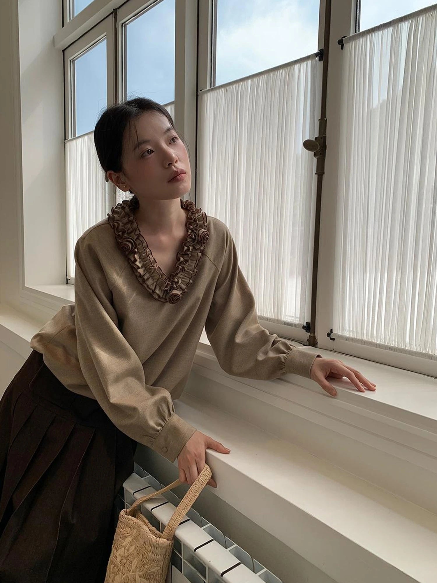 V-Neck Floral Embroidered Ruffle Blouse With Contrast Trim