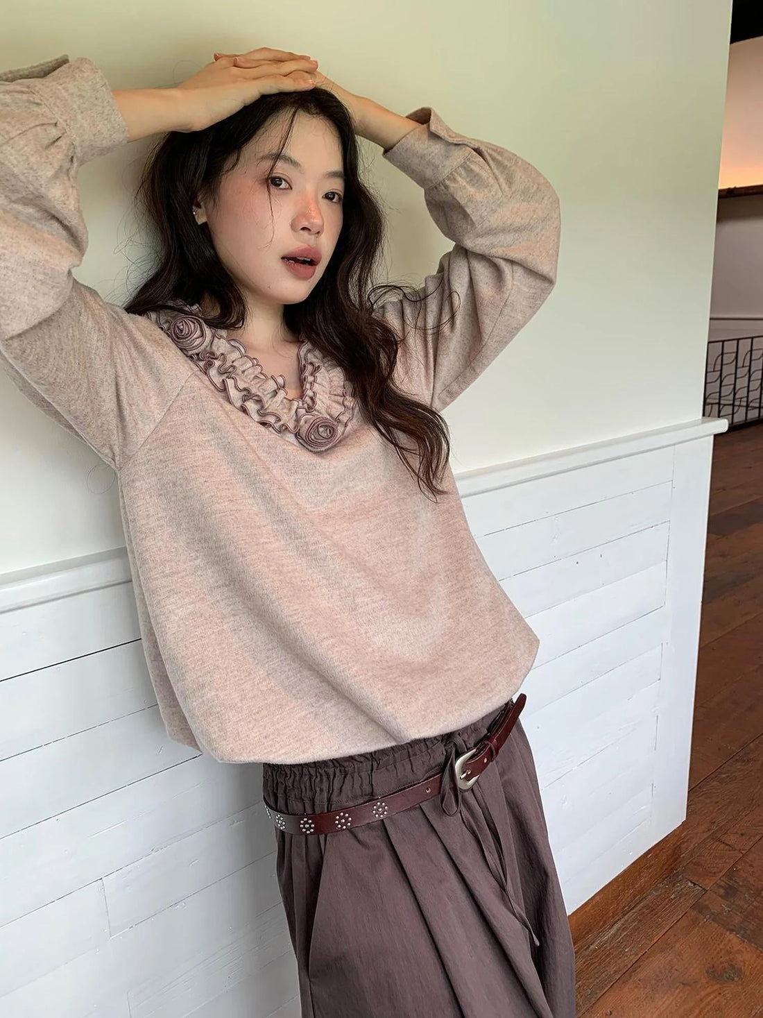 V-Neck Floral Embroidered Ruffle Blouse With Contrast Trim