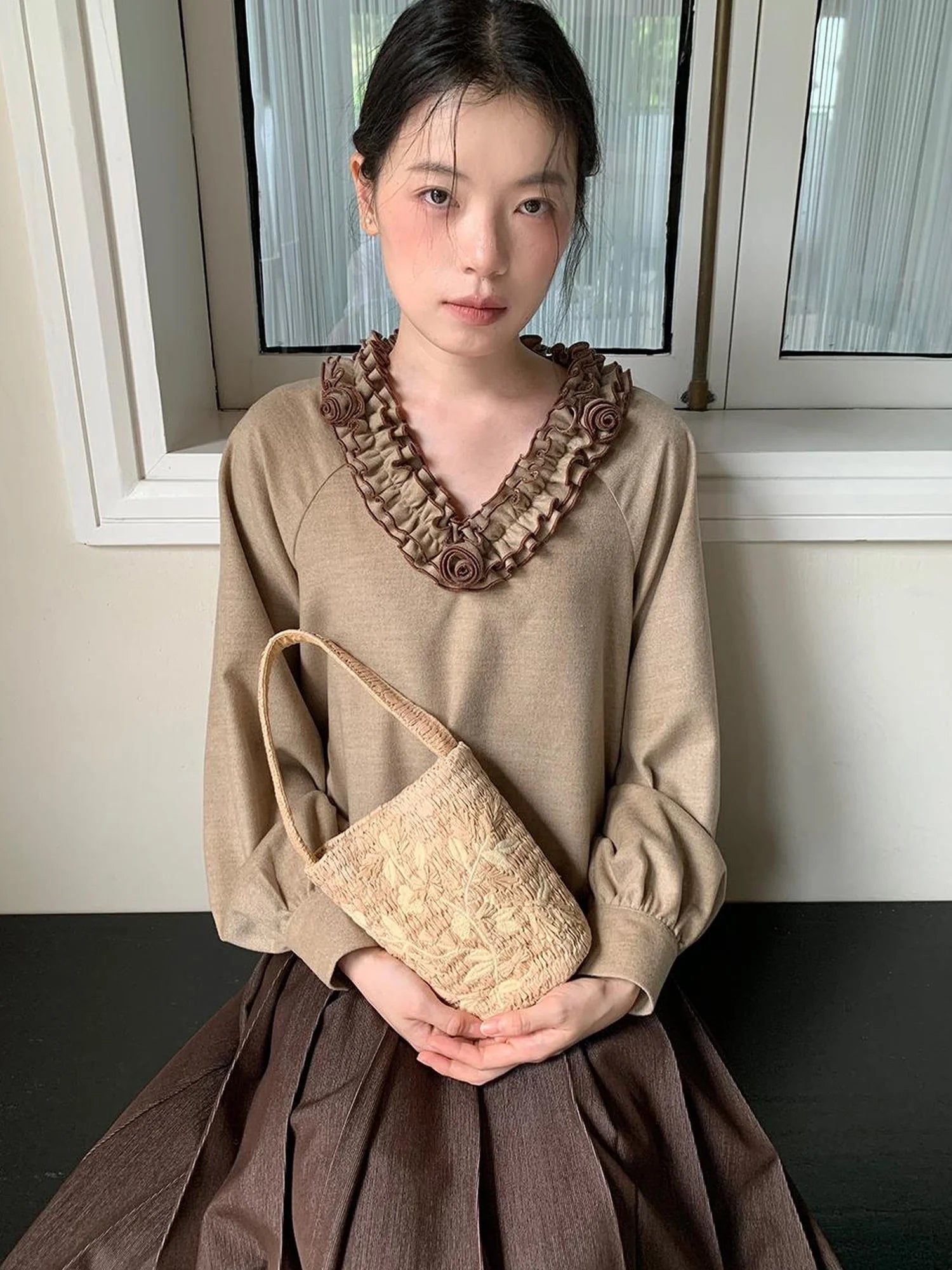 V-Neck Floral Embroidered Ruffle Blouse With Contrast Trim