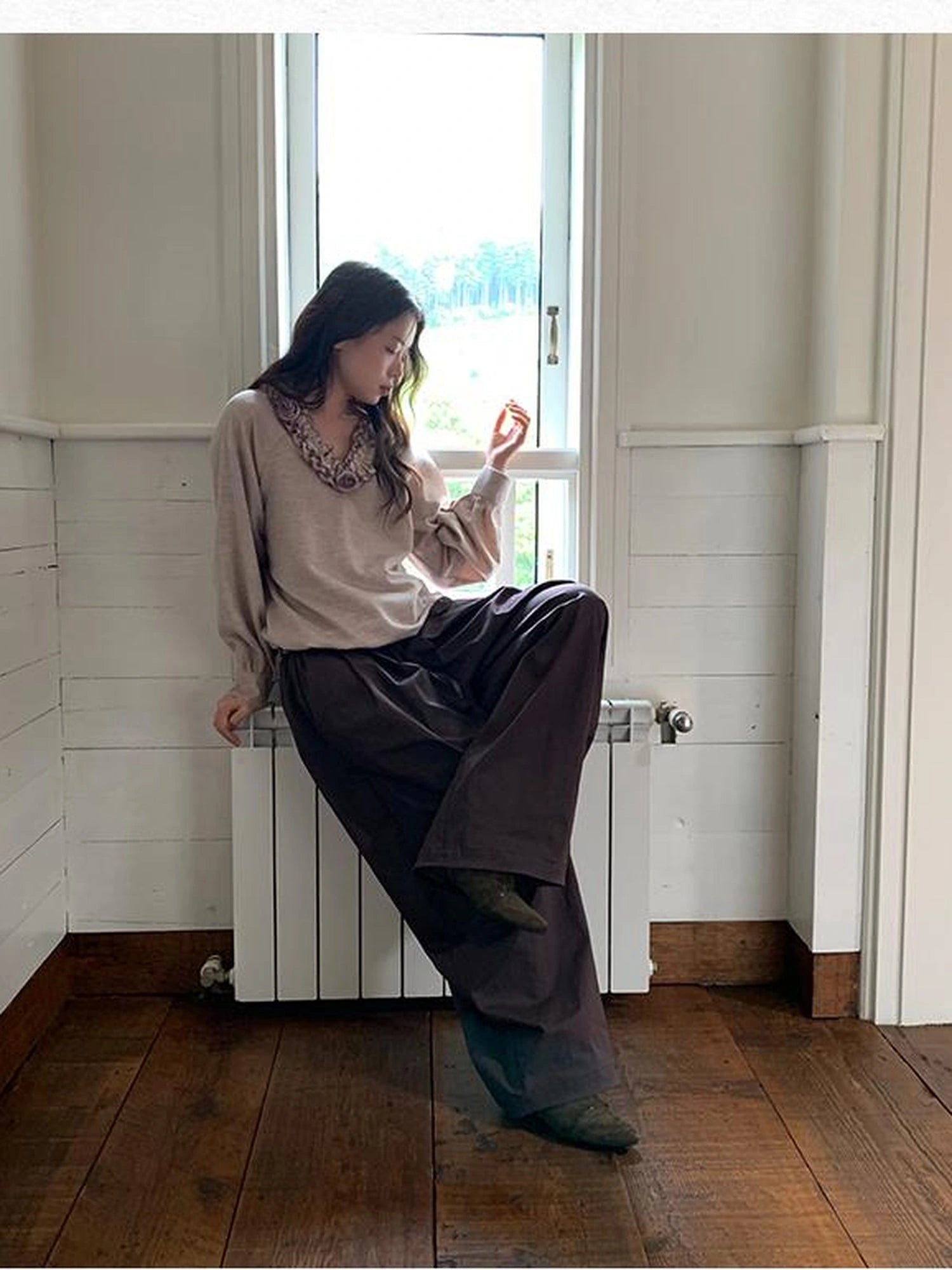 V-Neck Floral Embroidered Ruffle Blouse With Contrast Trim