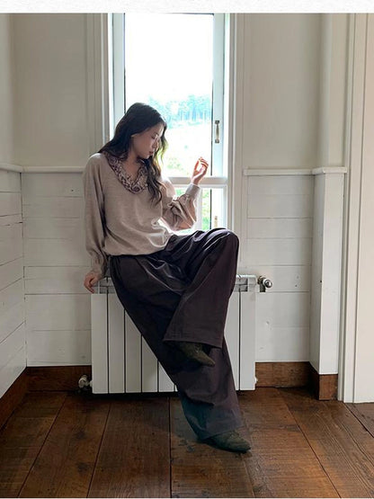 V-Neck Floral Embroidered Ruffle Blouse With Contrast Trim