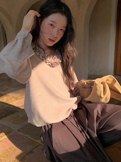 V-Neck Floral Embroidered Ruffle Blouse With Contrast Trim