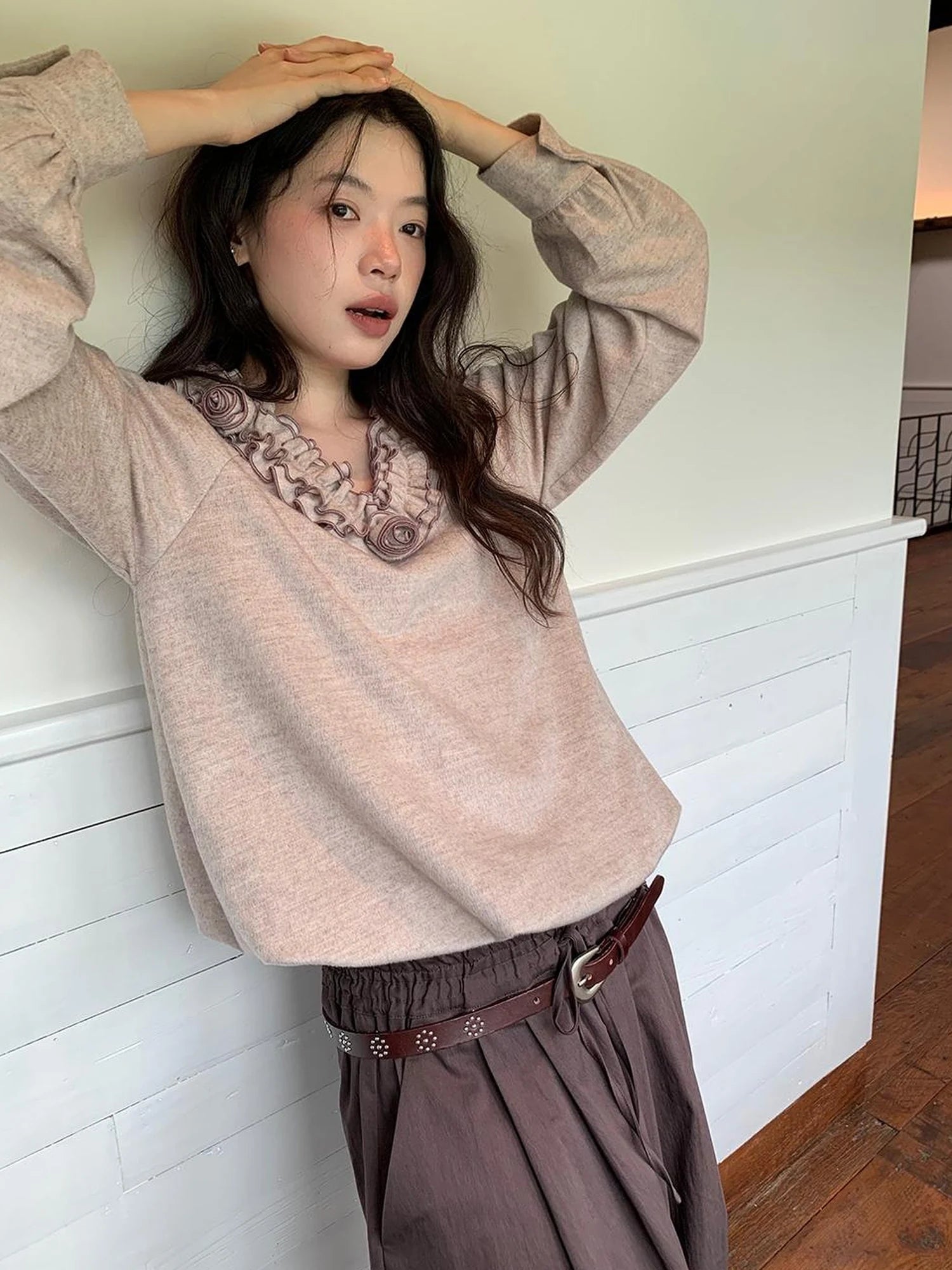 V-Neck Floral Embroidered Ruffle Blouse With Contrast Trim