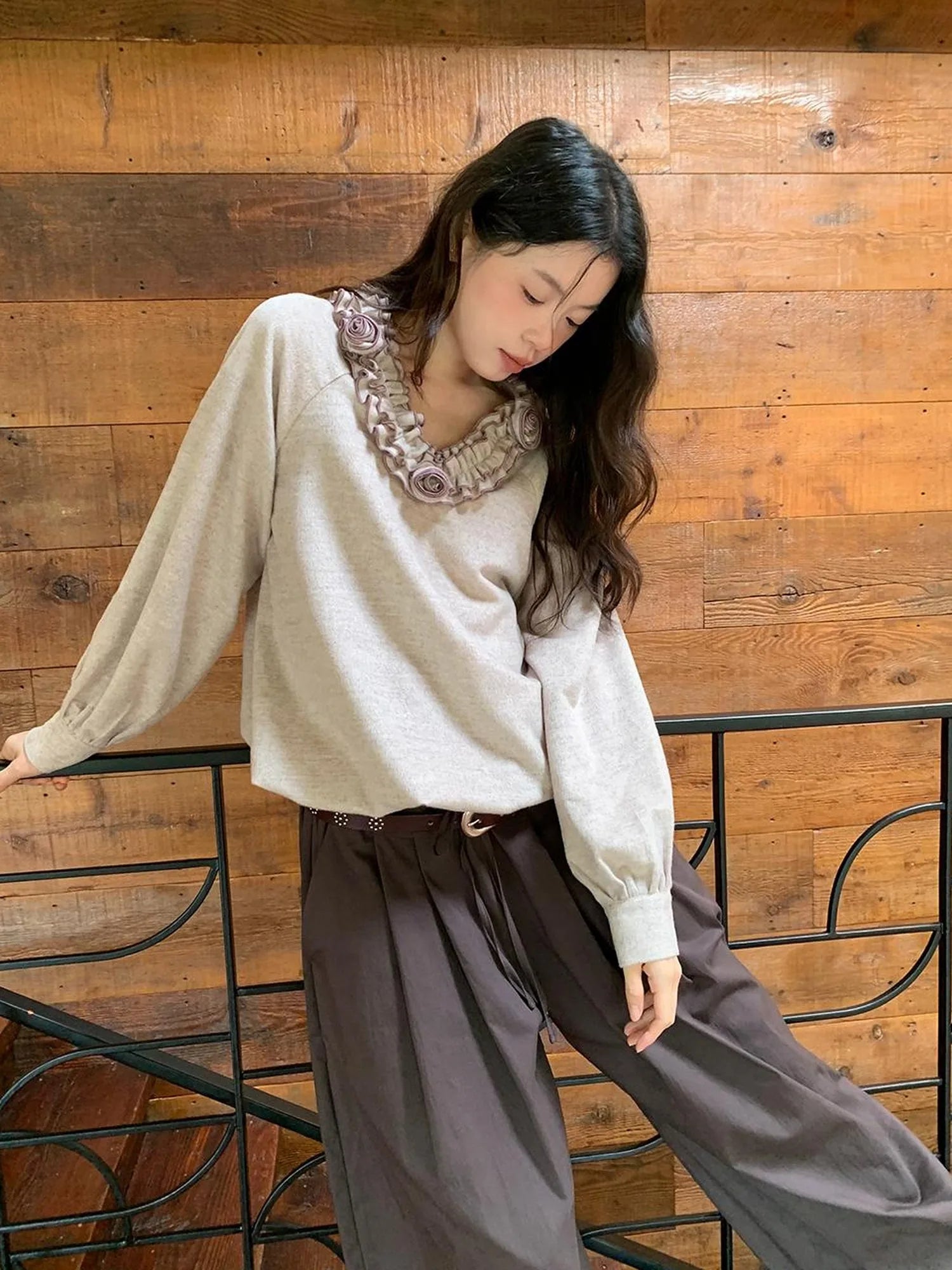 V-Neck Floral Embroidered Ruffle Blouse With Contrast Trim