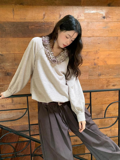 V-Neck Floral Embroidered Ruffle Blouse With Contrast Trim