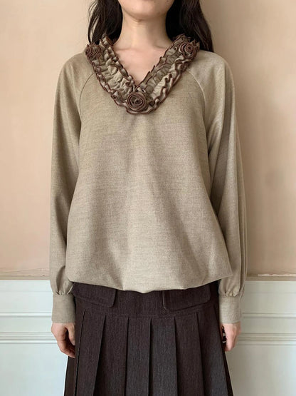 V-Neck Floral Embroidered Ruffle Blouse With Contrast Trim