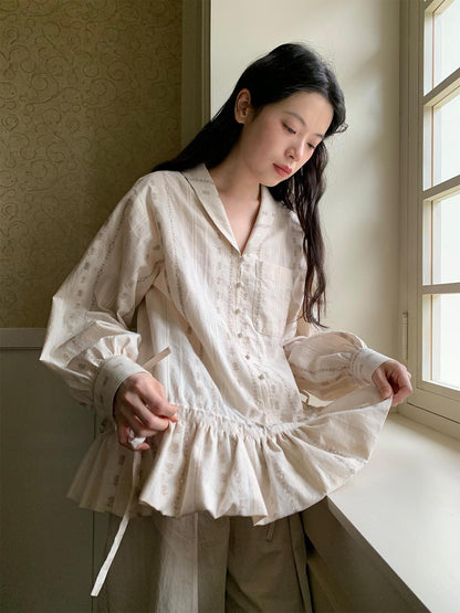 Dorydory V-Neck Floral Jacquard Bow Blouse
