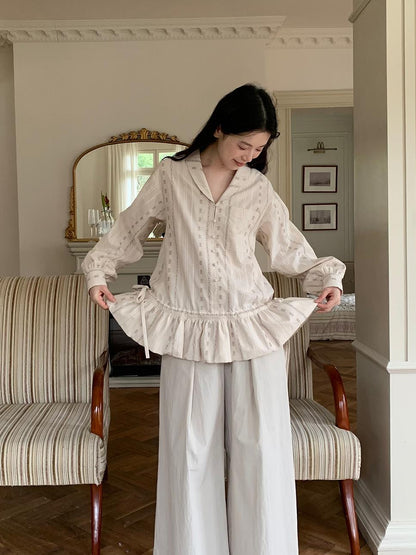 Dorydory V-Neck Floral Jacquard Bow Blouse
