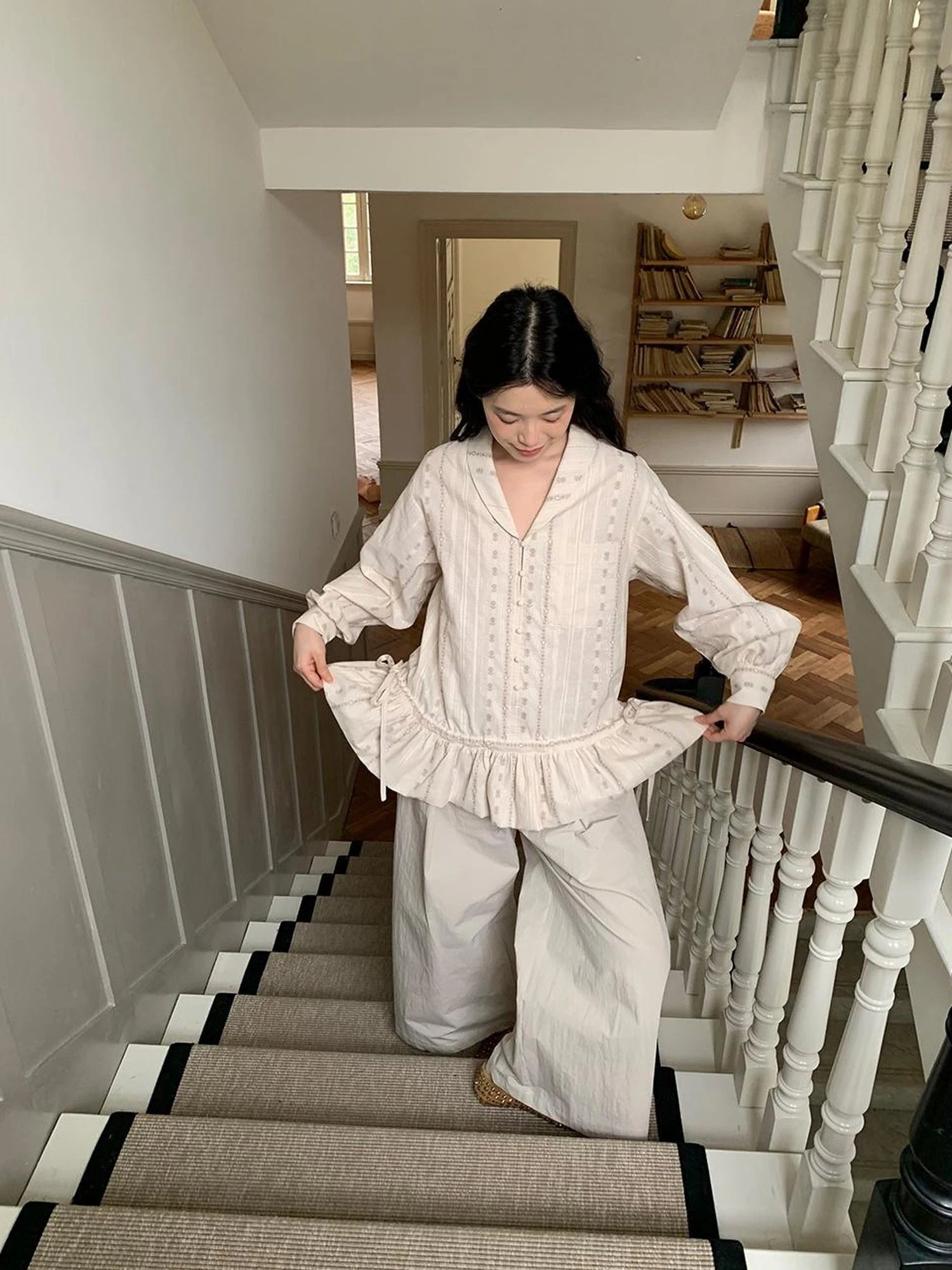 V-Neck Floral Jacquard Bow Blouse