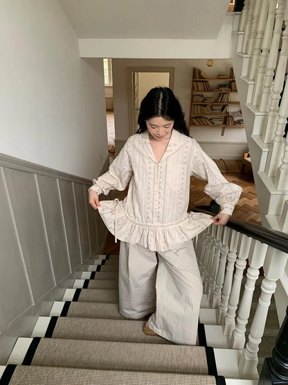 V-Neck Floral Jacquard Bow Blouse