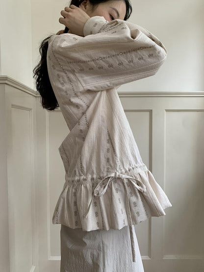 Dorydory V-Neck Floral Jacquard Bow Blouse