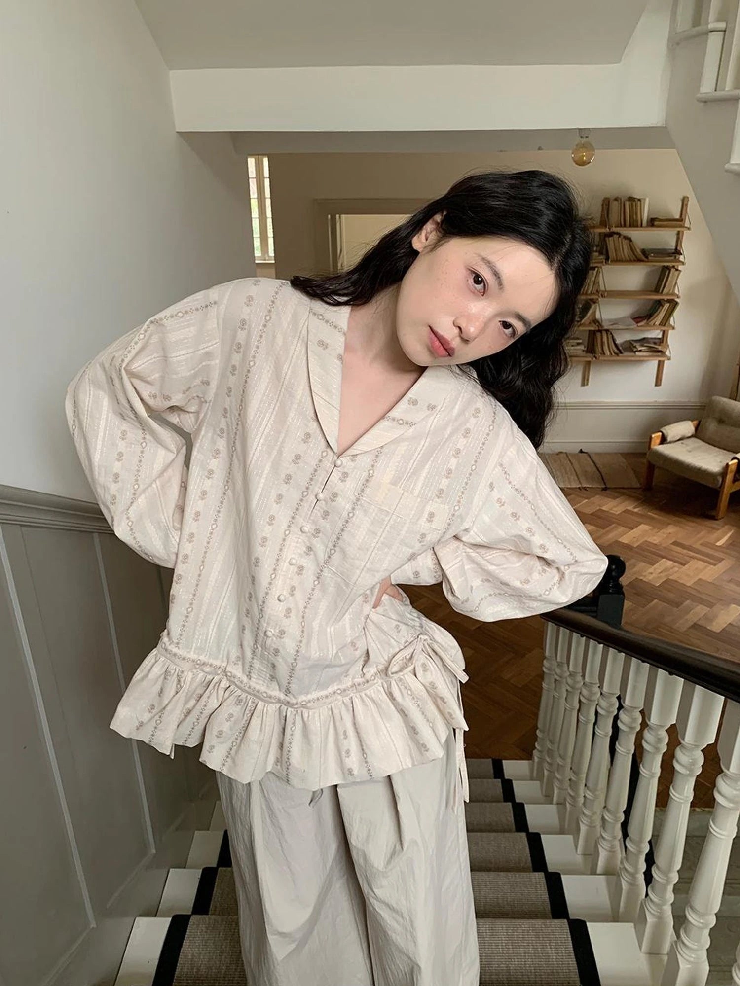 V-Neck Floral Jacquard Bow Blouse