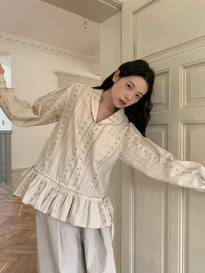 Dorydory V-Neck Floral Jacquard Bow Blouse