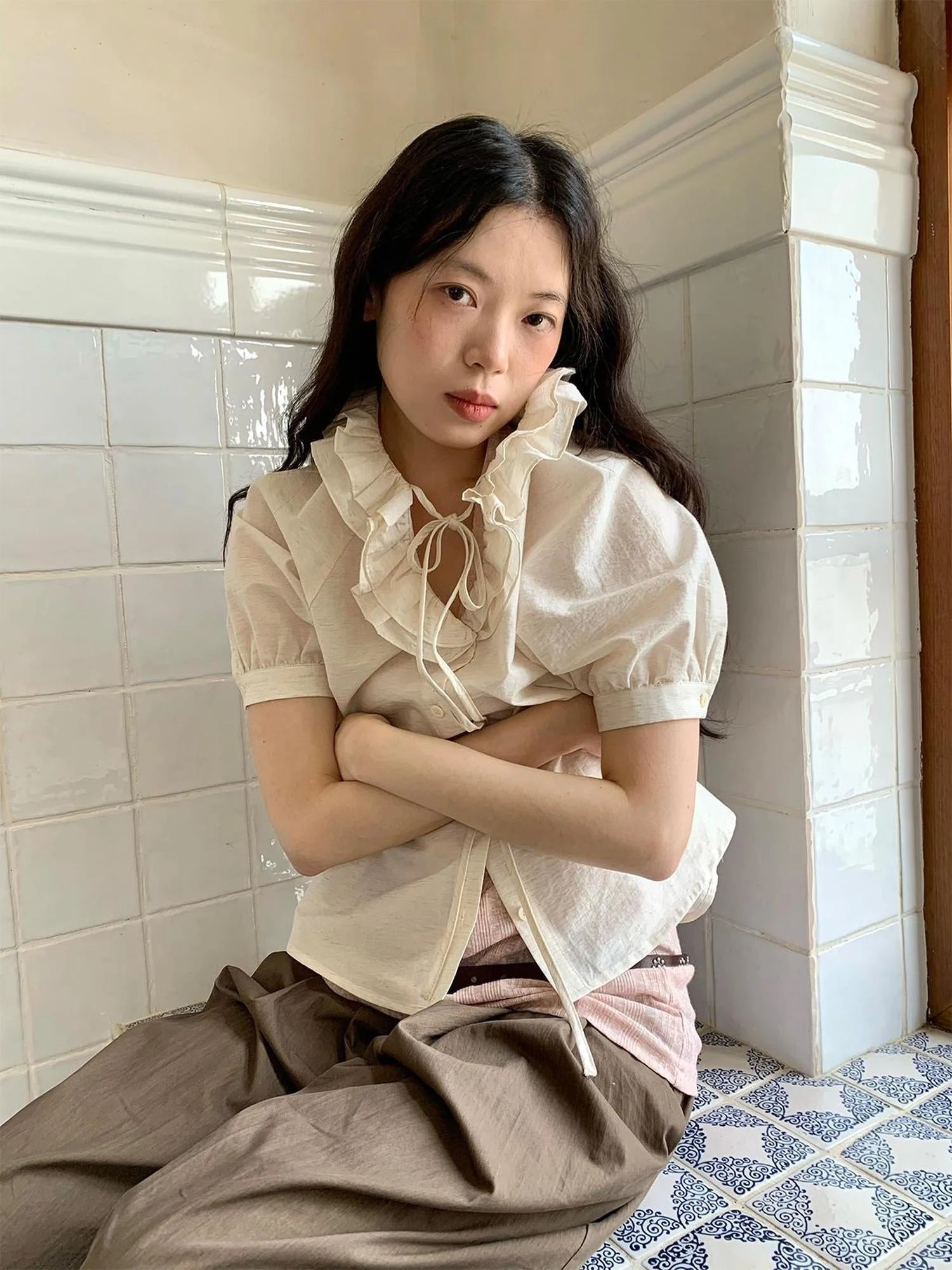 V-Neck Short Sleeve Shirt with Lace-Up Detail and Raglan Sleeves