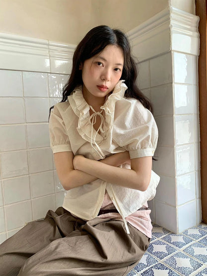 V-Neck Short Sleeve Shirt with Lace-Up Detail and Raglan Sleeves