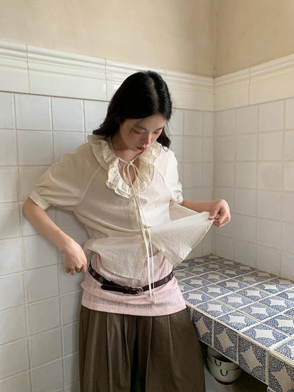 V-Neck Short Sleeve Shirt with Lace-Up Detail and Raglan Sleeves