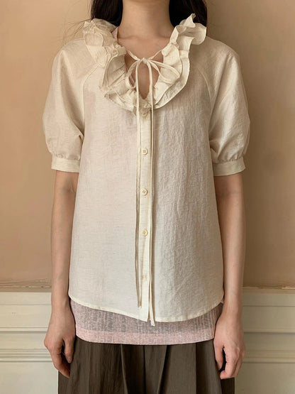 V-Neck Short Sleeve Shirt with Lace-Up Detail and Raglan Sleeves
