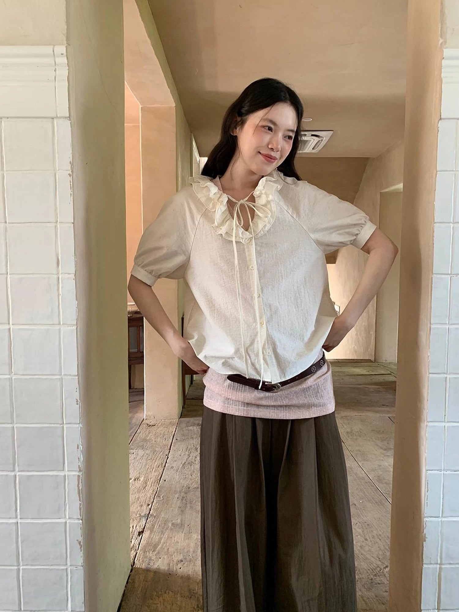 V-Neck Short Sleeve Shirt with Lace-Up Detail and Raglan Sleeves