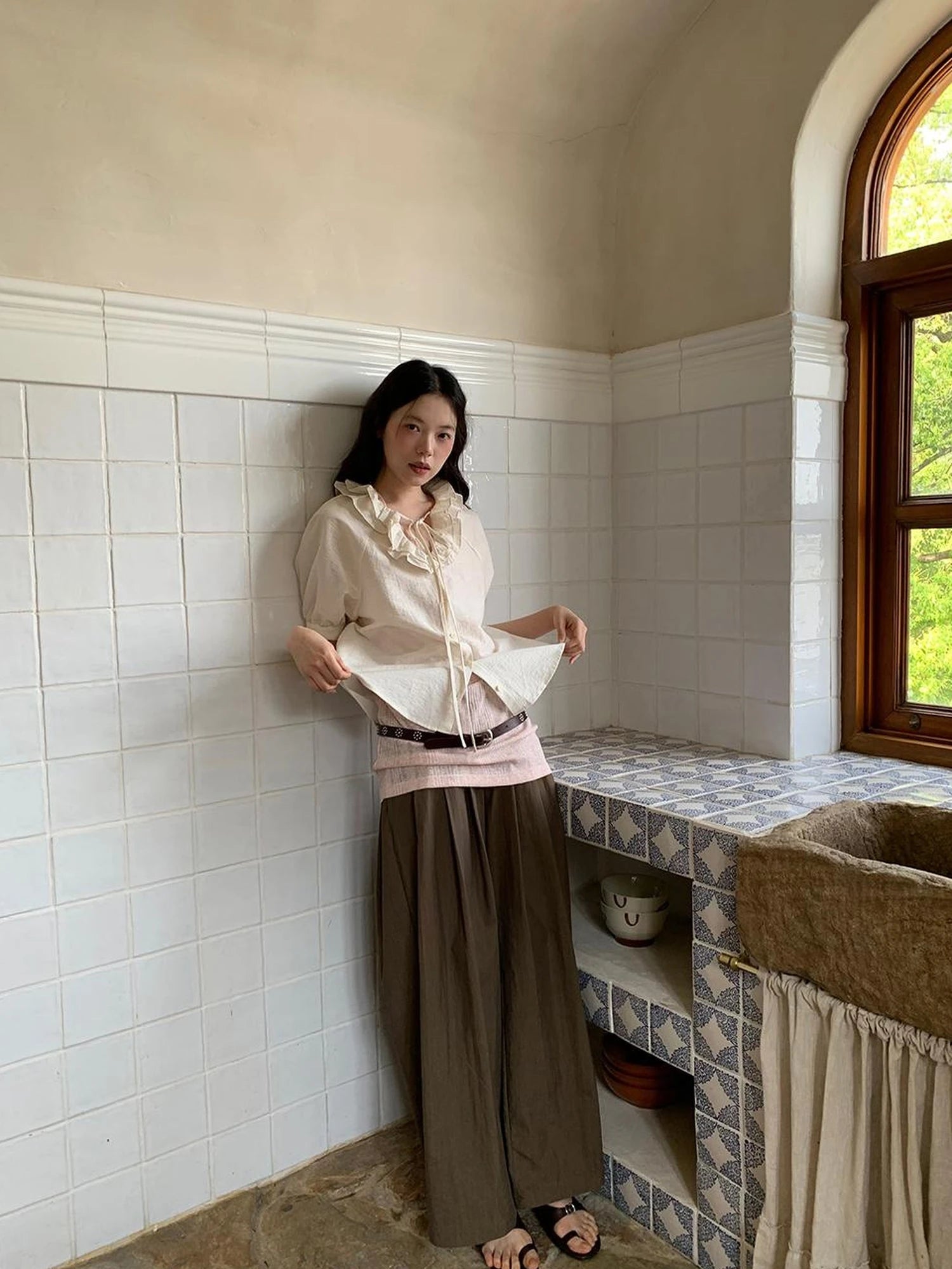 V-Neck Short Sleeve Shirt with Lace-Up Detail and Raglan Sleeves