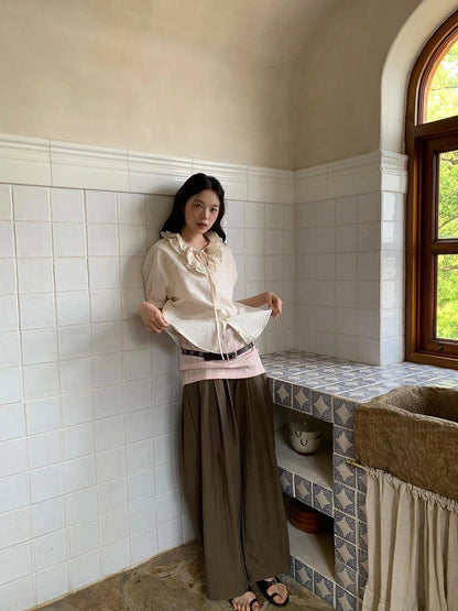 V-Neck Short Sleeve Shirt with Lace-Up Detail and Raglan Sleeves