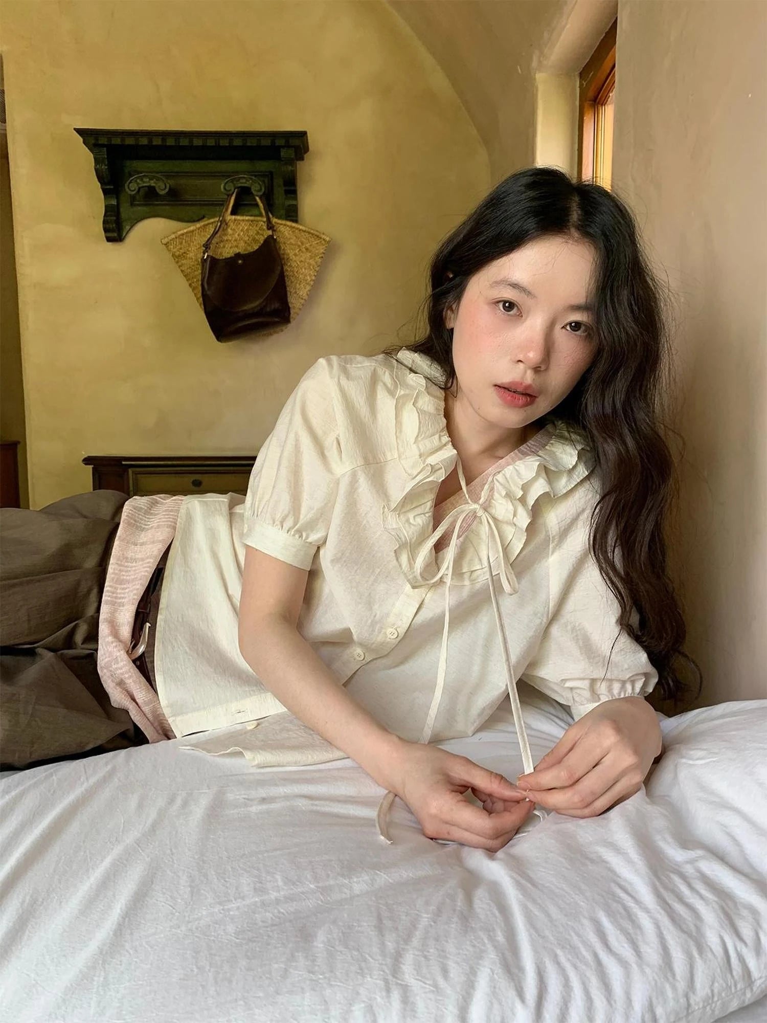 V-Neck Short Sleeve Shirt with Lace-Up Detail and Raglan Sleeves