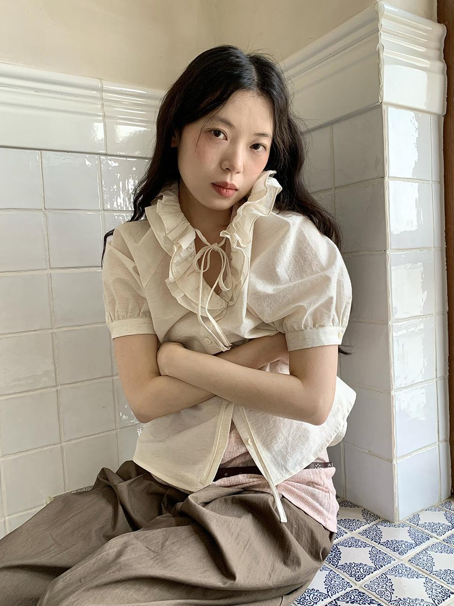 Dorydory V-Neck Short Sleeve Shirt with Lace-Up Detail and Raglan Sleeves