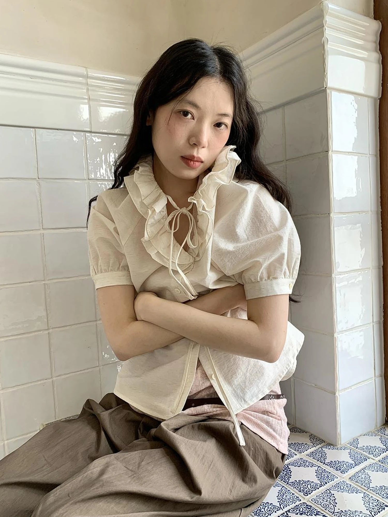 V-Neck Short Sleeve Shirt with Lace-Up Detail and Raglan Sleeves