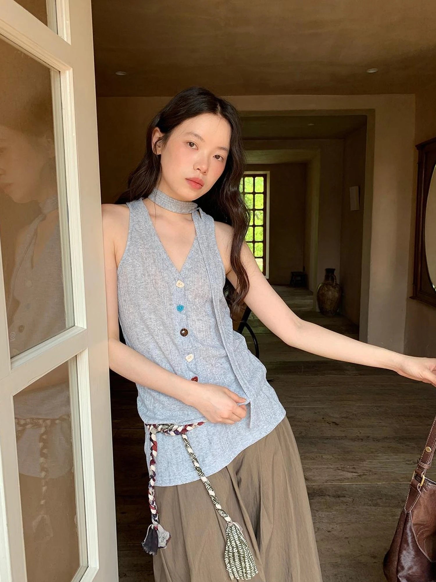 V-Neck Striped Textured Camisole Top