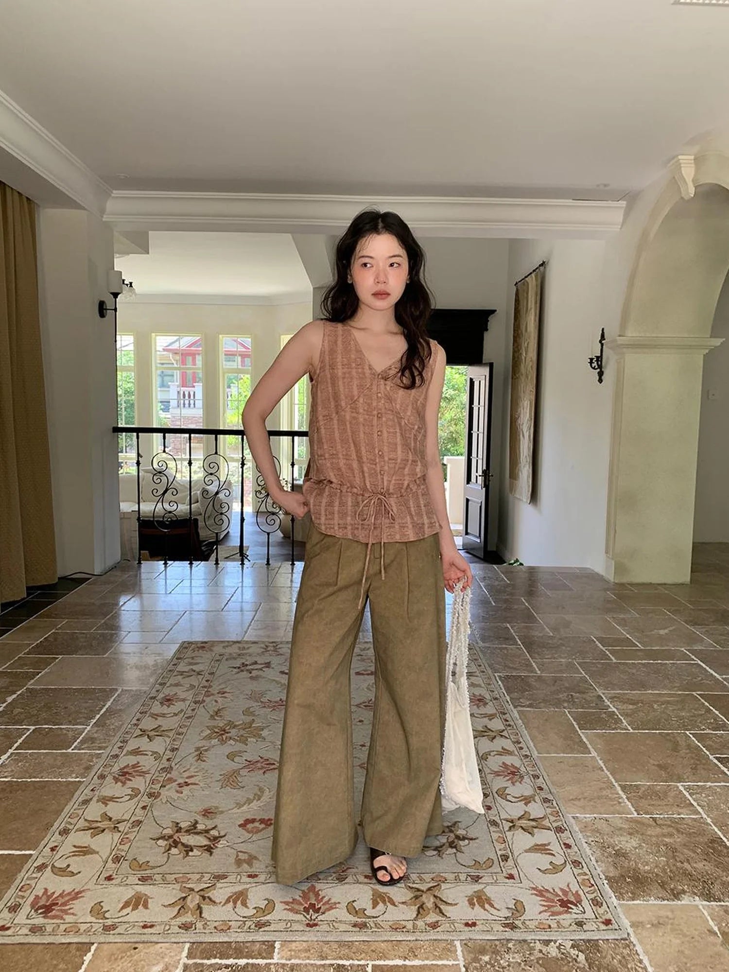 V-neck Checkered Faded Vest With Drawstring Hem