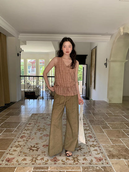 V-neck Checkered Faded Vest With Drawstring Hem