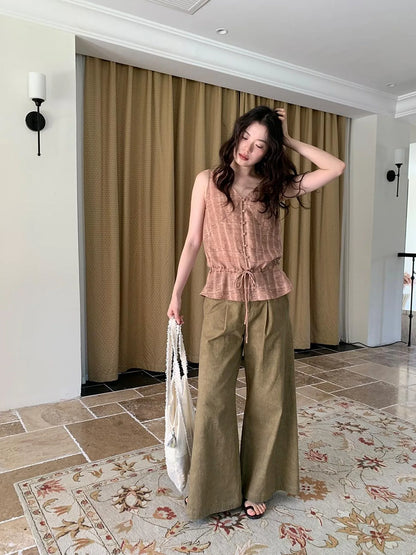 V-neck Checkered Faded Vest With Drawstring Hem