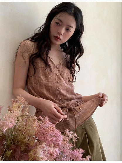 V-neck Checkered Faded Vest With Drawstring Hem