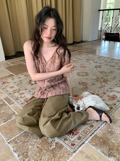 V-neck Checkered Faded Vest With Drawstring Hem