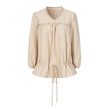Dorydory_V-neck_Tie_Ruffle_Relaxed_Fit_Long_Sleeve_Cotton_Women&