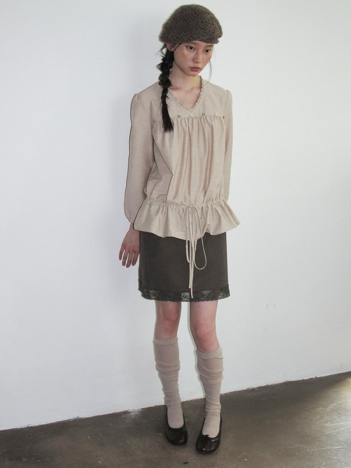 Dorydory V-neck Tie Ruffle Relaxed Fit Long Sleeve Cotton Women&